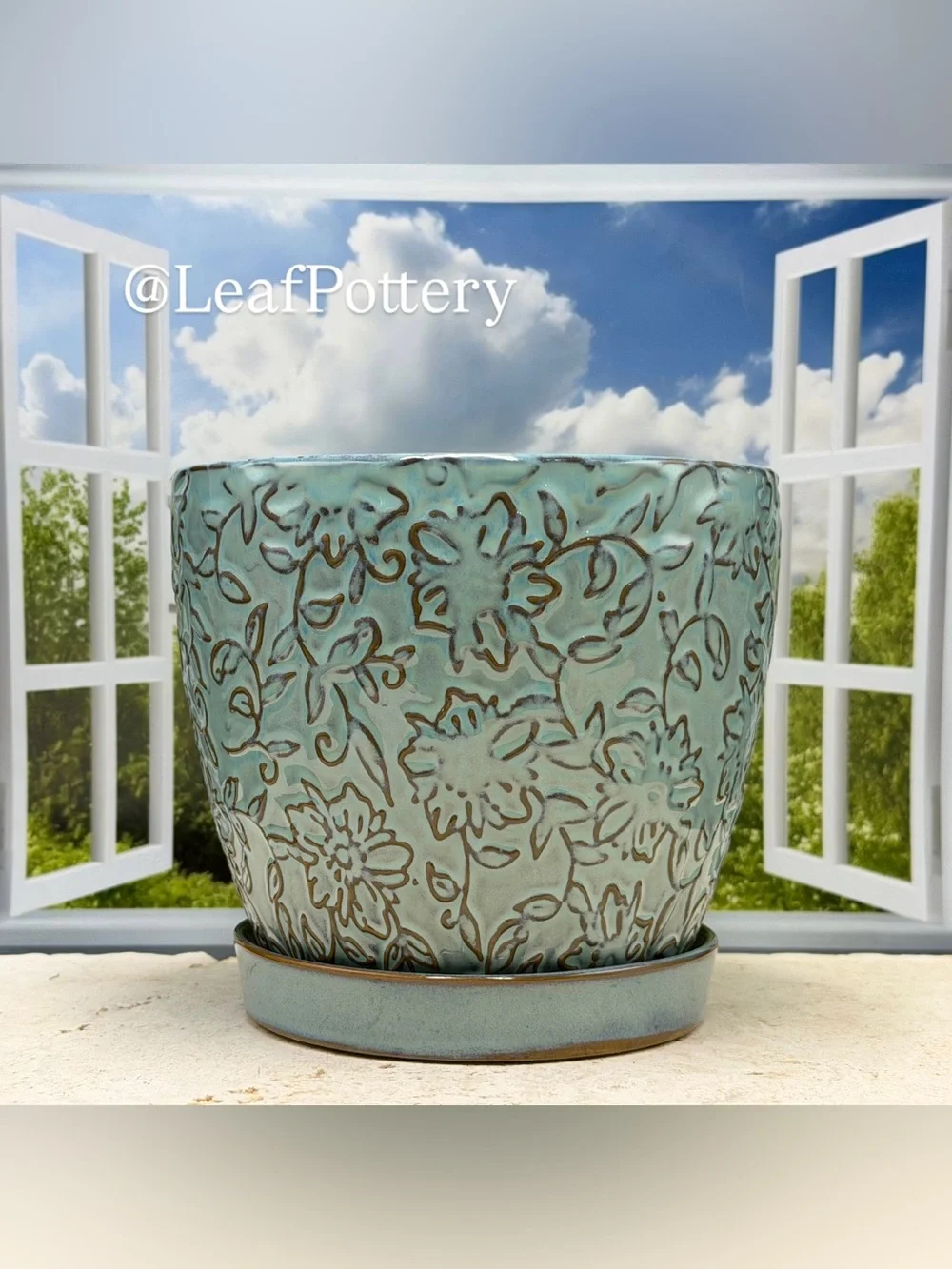 Embossed Floral Ceramic Planter with Saucer & Drainage | 6 Inch Light Blue